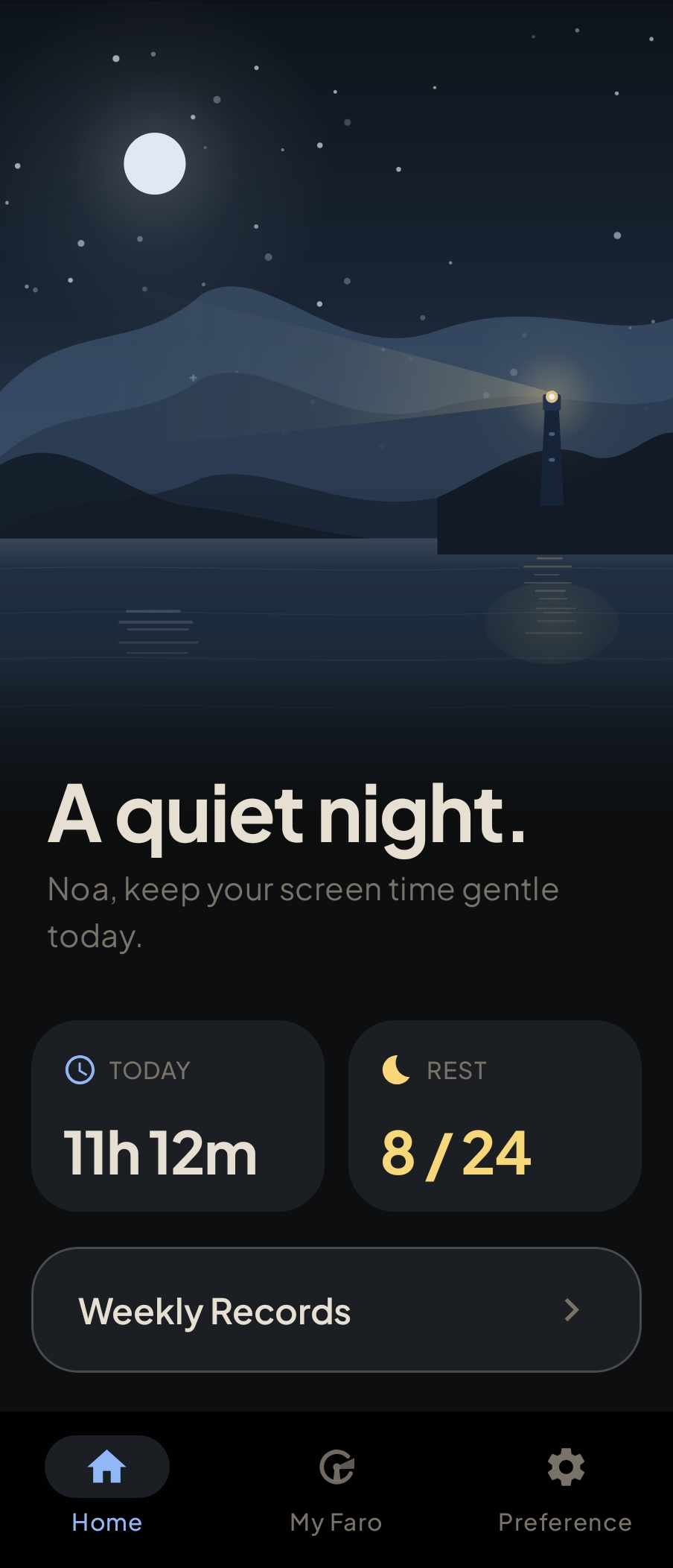 Faro home screen in dark mode